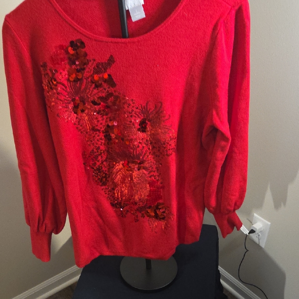 Chico's Vibrant Red Sequin Floral Sweater